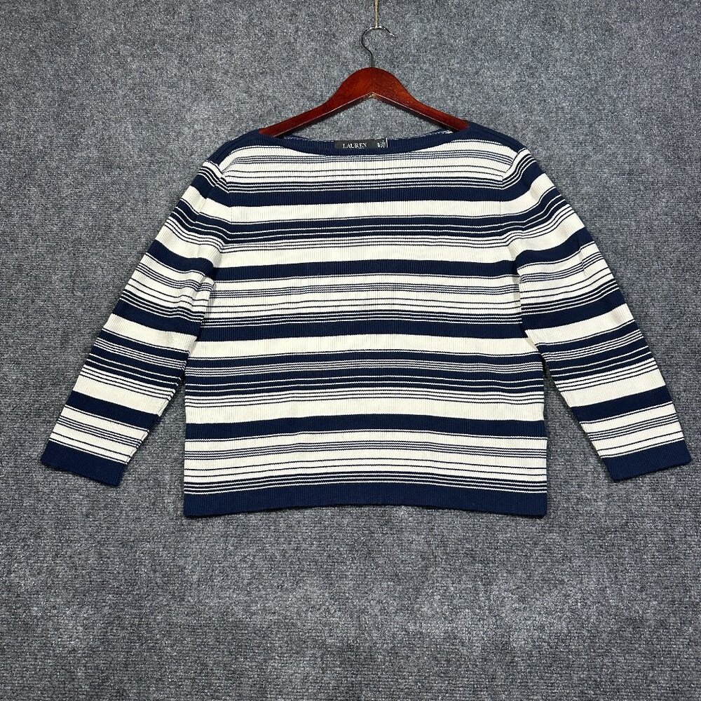 Ralph Lauren Black Label Knit Top Womens XL Blue White Stretch Cotton 3/4 Sleeve